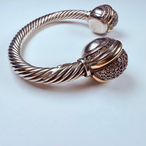 14K Gold Renaissance Cubic Zirconia Cable Cuff Sterling Silver 925 Bracelet - Picture 3 of 12